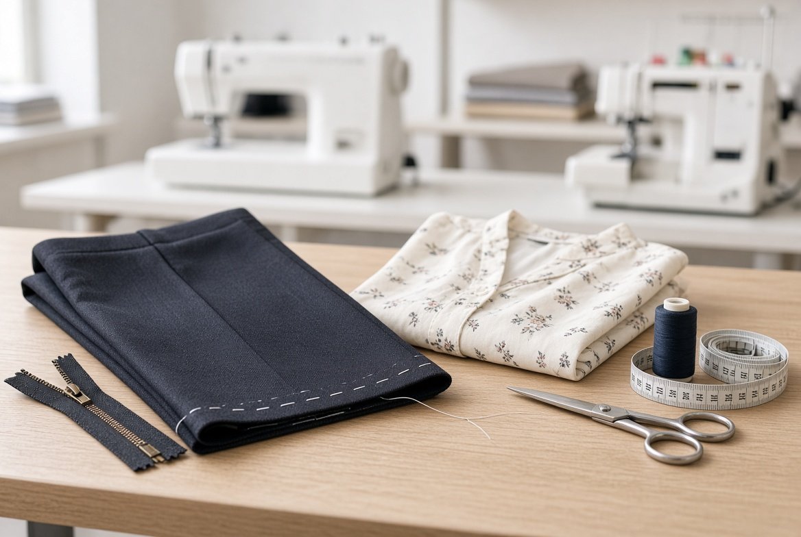 Zusammengelegte Kleidungsstücke mit Reißverschlüssen, Schere und Maßband auf einem Arbeitstisch